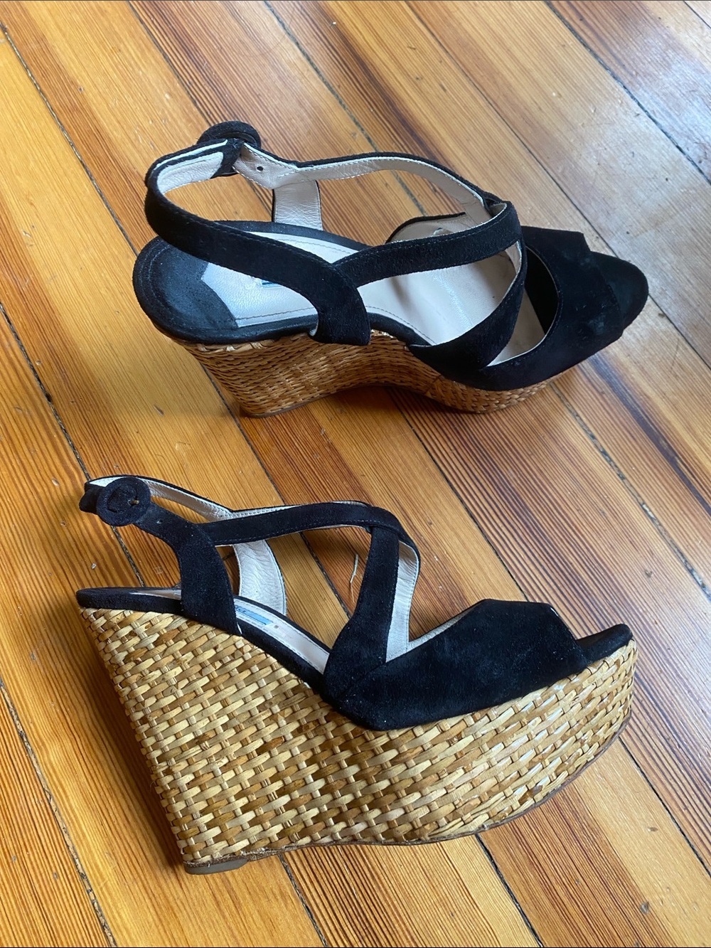 Prada Black Wedge Sandals with Braided straw Platform